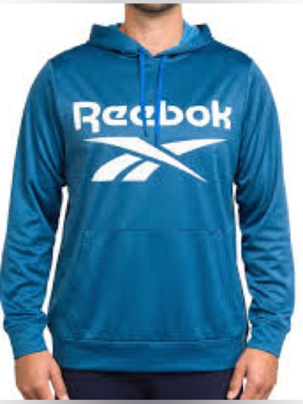 Reebok Men's Tech Fleece Hoodie with white Reebok logo graphic & kangaroo pocket